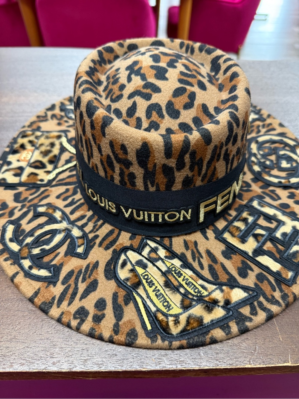 New Leopard Print Wool Hat with Black Branded Band - Brown & Black